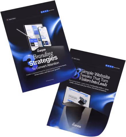 Two angled digital marketing brochure covers: one titled '3 Branding Strategies To Convert Attention' showing devices, the other titled '3 Simple Website Tweaks That Turn Visitors Into Leads' with a website screenshot.