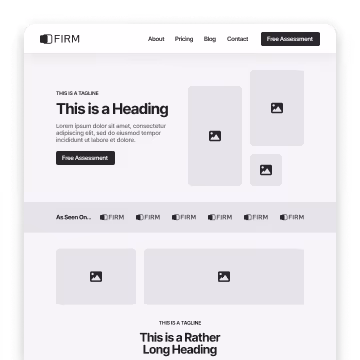 Wireframe of a website layout with headings, text, buttons, and placeholders for images and logos.
