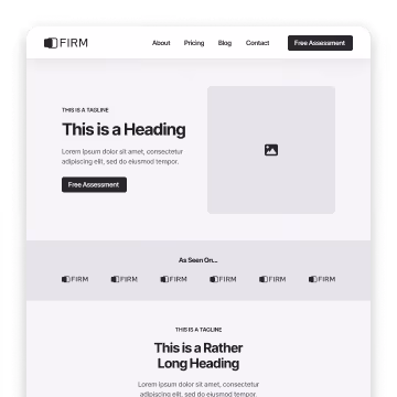 Website layout with dark header, main heading, description, call-to-action button, and logo icons in the footer.