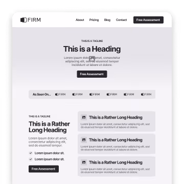 Website layout with a firm logo, tagline, headings, navigation links, and multiple call-to-action buttons.