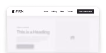 Website header with FIRM logo and navigation links: About, Pricing, Blog, Contact, and a Free Assessment button.