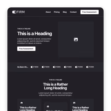 Dark mode webpage layout with headings, tagline text, buttons, and placeholder images for a company named FIRM.