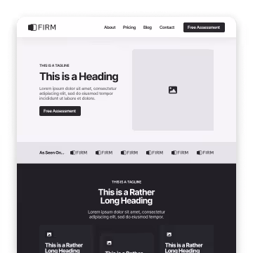 Website layout with headings, tagline, navigation menu, call-to-action buttons, and placeholder images.