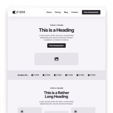 Minimal website layout showing a header, two sections with headings, buttons, and placeholder images.