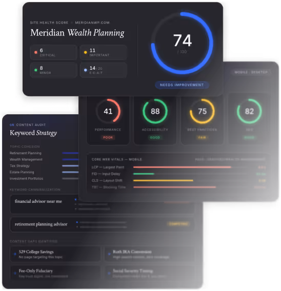 Dashboard showing website health scores, keyword strategy, and page performance metrics in dark mode.