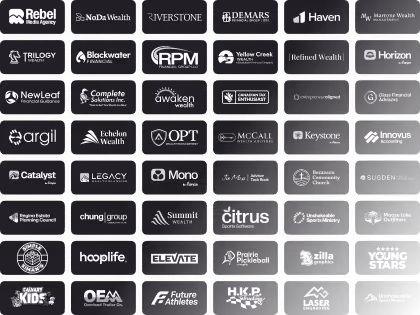 Grid of various company logos including Rebel Media Agency, NoDa Wealth, Riverstone, Horizon, and others on black background.