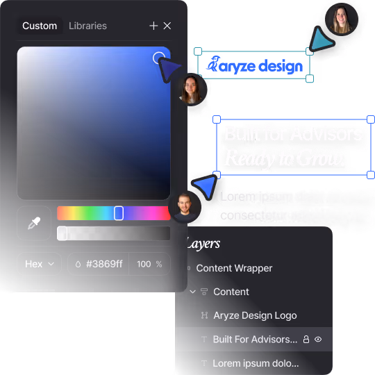 Graphic showing Aryze design interface with color picker and text layers: Built for Advisors Ready to Grow.