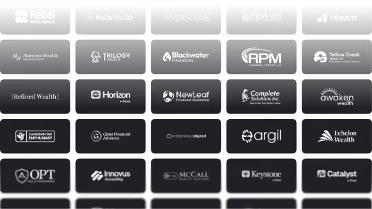 Grid of 25 financial and wealth management company logos on a dark background.