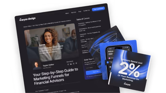 Marketing guide webpage for financial advisors showing funnel steps and cards with marketing revenue stats.