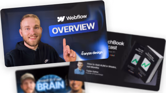 Man points to blue Webflow overview banner with Aryze design logo on dark background.