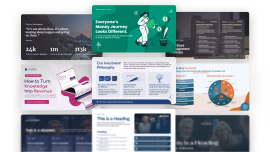 Collage of financial and investment presentation slides with charts, text, and graphics.