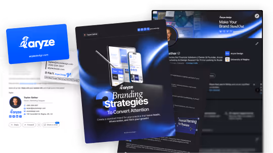 Collage of brand collateral featuring Aryze branding strategies and business card designs in blue and white.