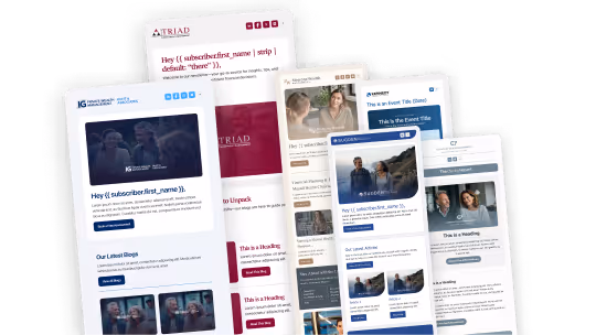 A staggered display of five email marketing templates with varied content and layouts.