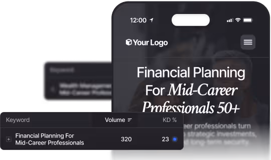 Mobile screen shows financial planning for mid-career professionals aged 50 plus with keyword volume and difficulty stats.