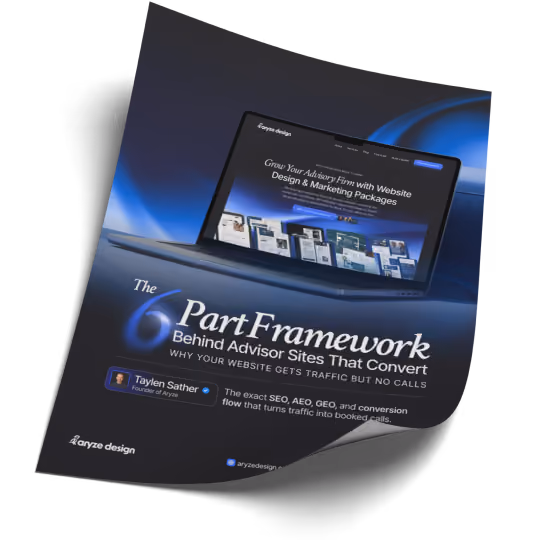 Flyer showing a laptop and text about a six-part website framework boosting advisor sites' traffic and conversions.