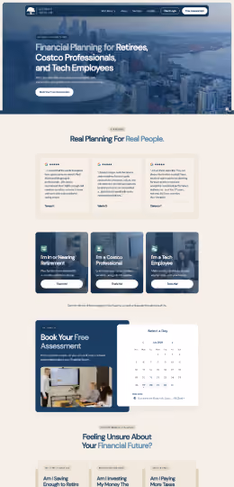 Website for financial planning targeting retirees, Costco professionals, and tech employees with booking options.