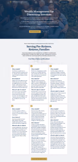 Petra Wealth homepage showing wealth management services for retirees and families with text and navigation.