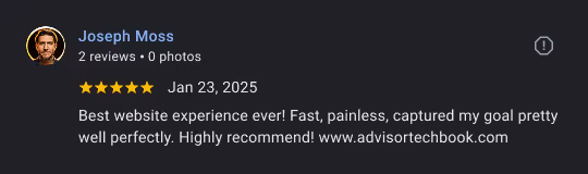 User Joseph Moss review praising a fast, painless website experience with perfect goal capture.