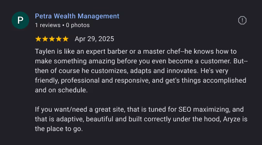 Five-star review from Petra Wealth Management praising Taylen's expert, adaptive, and friendly service for SEO sites.