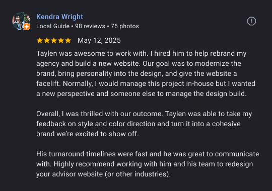 Kendra Wright's 5-star review praising Taylen's work on modernizing her agency's website and brand.