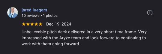 5-star review by Jared Luegers praising Aryze team for fast, impressive pitch deck delivery and ongoing collaboration.