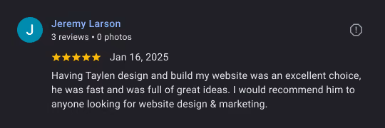 Five-star review by Jeremy Larson praising Taylen for fast, creative website design and marketing services.