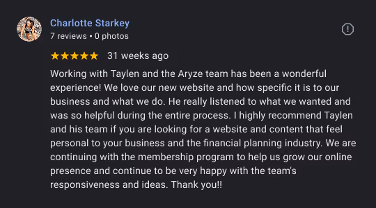 Customer review praising Taylen and Aryze team for their helpfulness and personalized website and content service.
