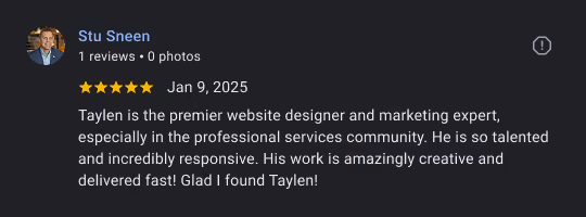 Review by Stu Sneen praising Taylen as a talented, responsive website designer and marketing expert.