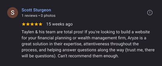 Screenshot of a 5-star review praising Taylen and team for expertise in financial planning website building.