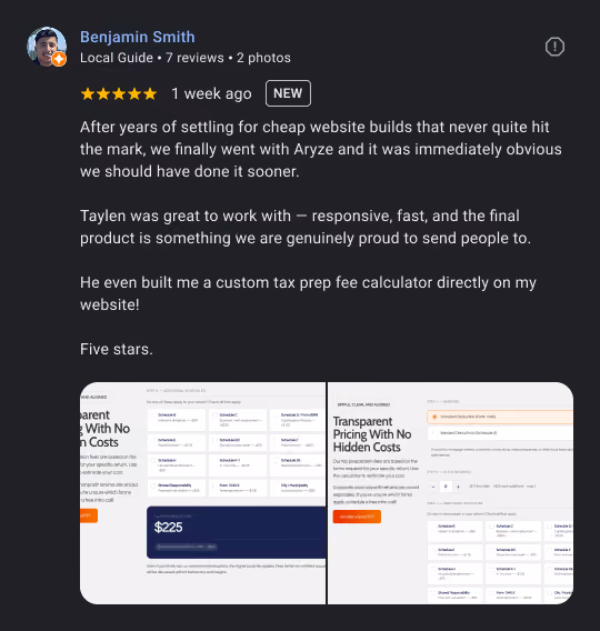Customer review praising Aryze for responsive work and a custom tax prep fee calculator on their website.