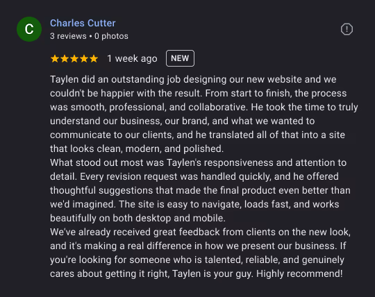 Five-star review praising Taylen for outstanding website design, responsiveness, and professionalism.