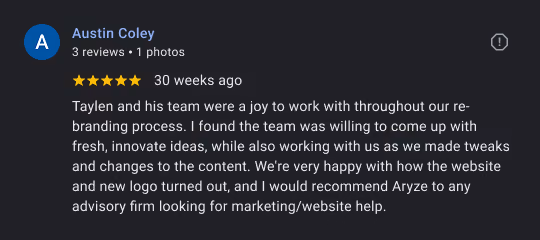 Five-star Google review by Austin Coley praising Taylen's team for rebranding and marketing help.