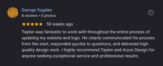 Review by George Sugden praising Taylen for excellent website and logo design with clear communication and quality work.