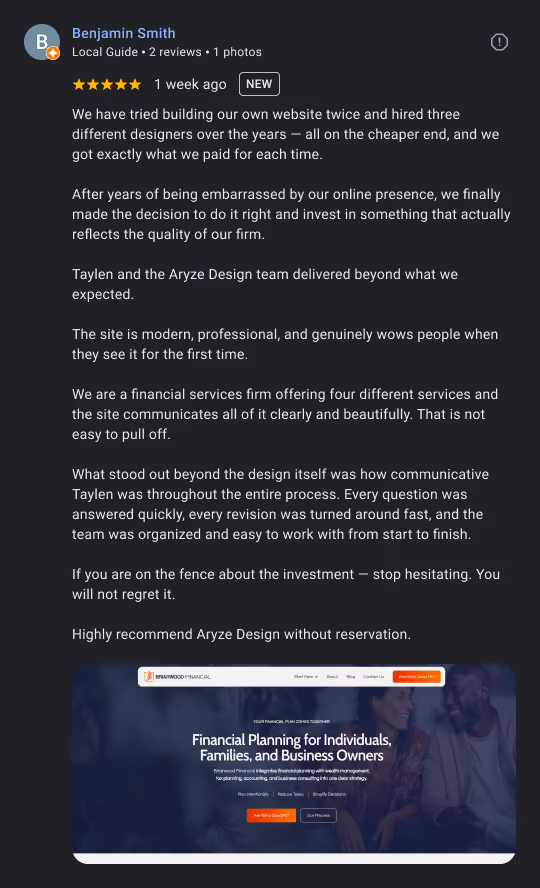 Positive detailed customer review praising Aryze Design's professional website and excellent communication.