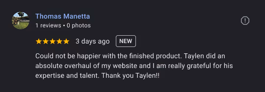 Five-star review praising Taylen for overhauling a website with expertise and talent.