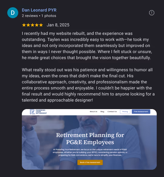 Customer review praising Taylen for rebuilding a website with creativity, patience, and professionalism.