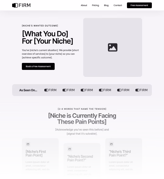 Website mockup showing a service pitch with niche pain points, a call-to-action button, and navigation menu.