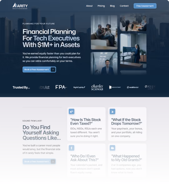 Website homepage for Arity Wealth Management offering financial planning for tech executives with $1M+ assets.