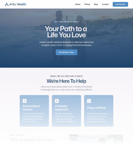 Website homepage for Arity Wealth featuring financial clarity message and service offerings for tech executives.