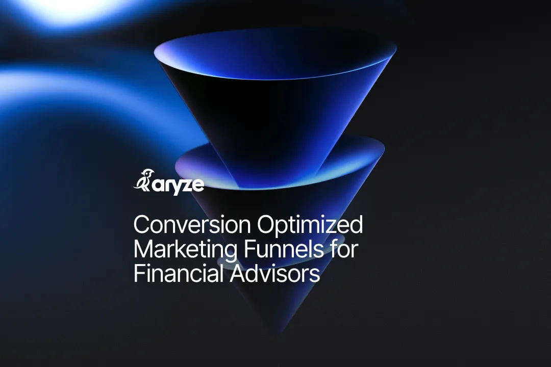 Blue glowing double funnel shapes with text Conversion Optimized Marketing Funnels for Financial Advisors.