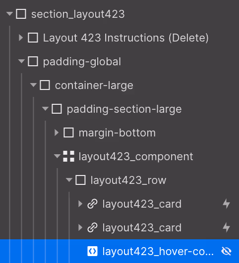 Screenshot of a nested web layout structure showing elements like section_layout423, padding-global, container-large, and multiple layout423 components and cards.