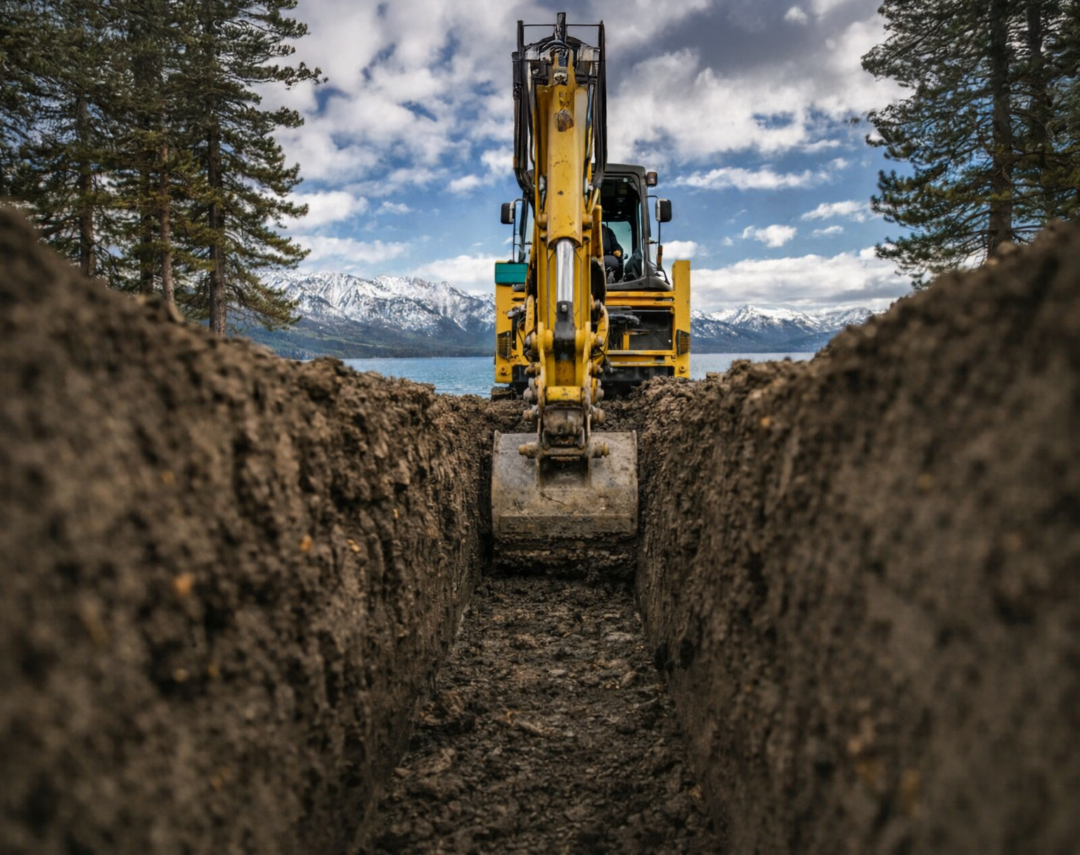 Excavator digging a trench in lake tahoe  