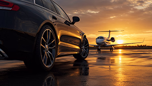 Close-up of a black luxury car parked on a wet runway at sunset with a private jet in the background.