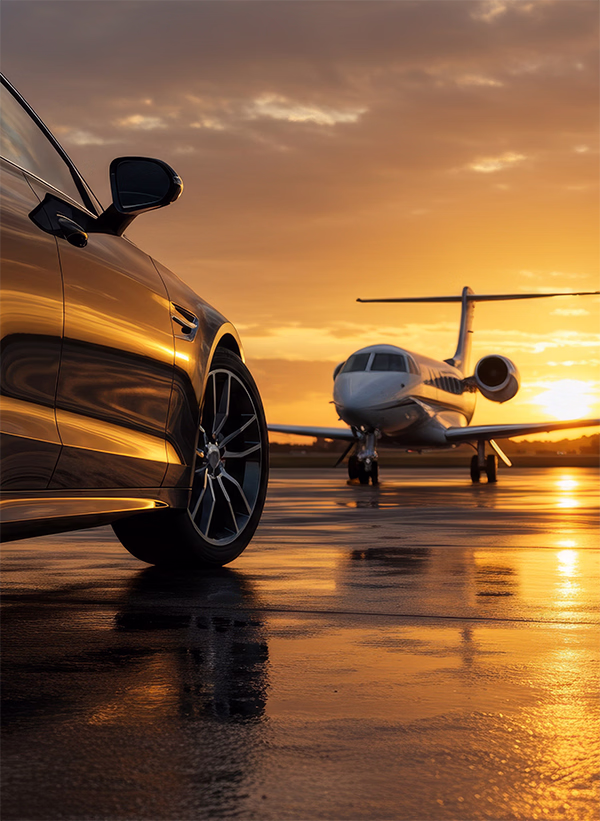 Close-up of a black luxury car near a private jet on a reflective airport runway at sunset.