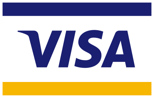 Visa logo with the word VISA in bold blue letters between a blue bar on top and a yellow bar at the bottom.