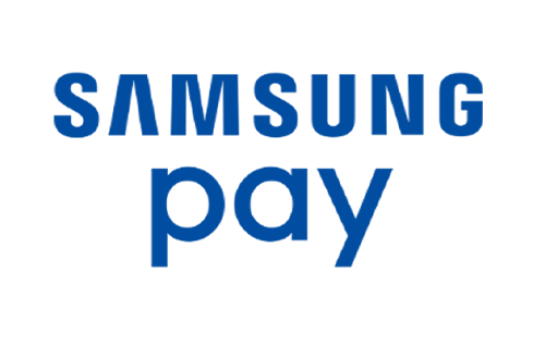 Samsung Pay logo in blue text on white background.