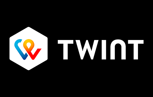 TWINT digital payment service logo with stylized blue, orange, and red icon inside a hexagon.