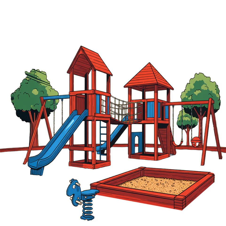 Roter und blauer Spielplatz mit Rutsche, Klettergerüst, Schaukeln und Sandkasten vor Bäumen.