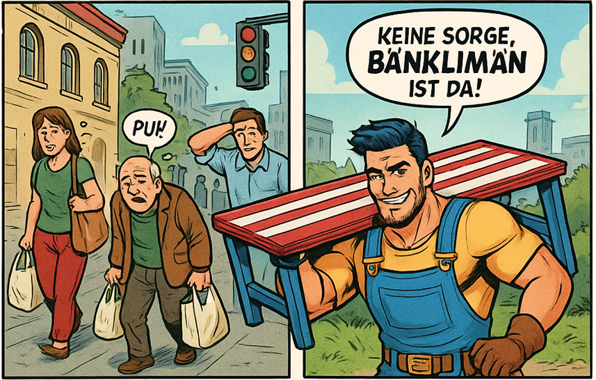 Comic mit zwei Panels: Links gehen eine Frau und ein älterer Mann mit Einkaufstaschen, der müde aussieht und "Puh!" sagt; rechts steht ein muskulöser Mann in blauen Latzhosen, der eine rote und weiße Bank hält und sagt: "Keine Sorge, Bänklimän ist da!"