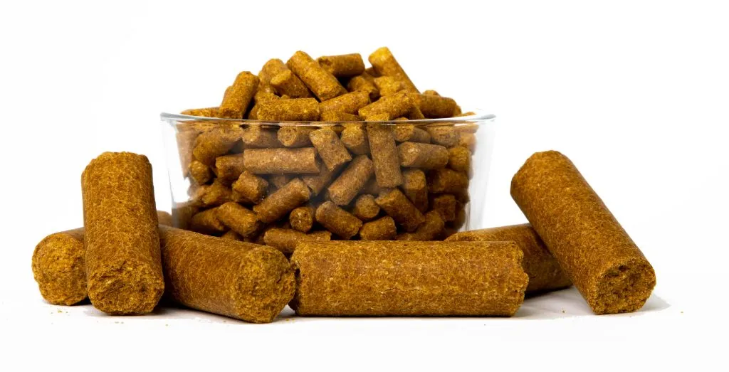 Brown rod-shaped animal food in a glass bowl